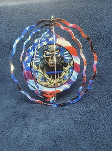 Thin Blue Line, Skull, American Flag Wind Spinner 8 x 8 Free Shipping