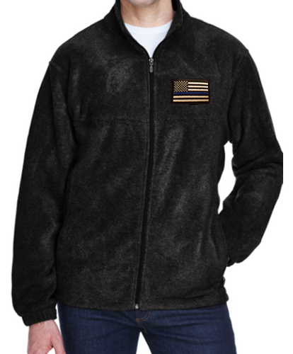 Fleece (Unisex)  Black  Zip Up Jacket  with Embroidered Blue Line Flag.